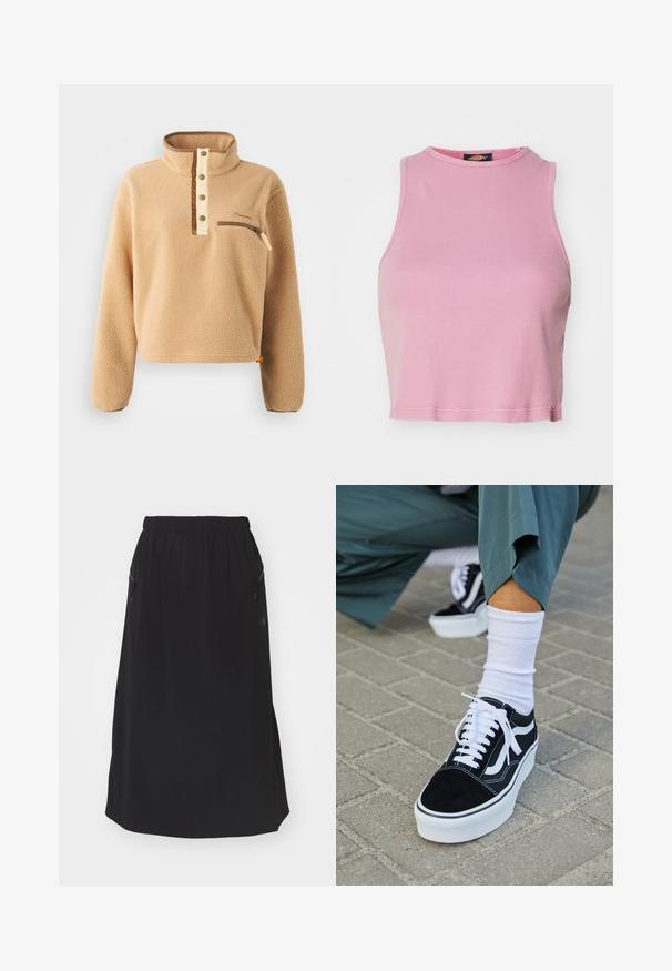 Pulóver de forro polar beige con un alto cuello, tapeta de medio botón y un bolsillo con cremallera en el pecho izquierdo. Tejido texturizado con acentos marrones.; Top corto de canalé rosa con cuello redondo y diseño sin mangas. Presenta un dobladillo que termina justo por encima de la cintura.; Falda negra hasta el tobillo hecha de tela suave, con una cinturilla elástica y dos bolsillos laterales con cremallera. Diseño minimalista sin patrones.; Zapatillas de ante negro con acentos y cordones blancos, que cuentan con una gruesa suela blanca y costuras en contraste, combinadas con un calcetín blanco.