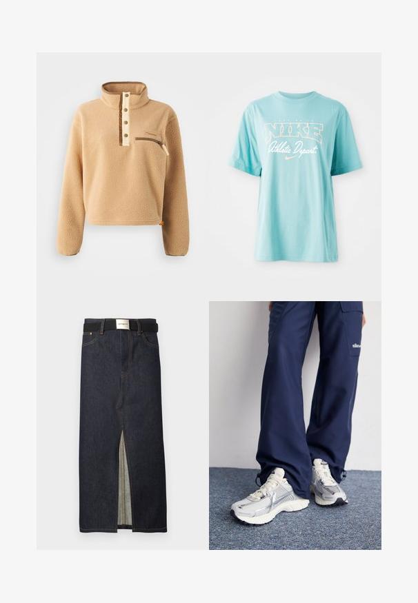 Pulóver de forro polar beige con un alto cuello, tapeta de medio botón y un bolsillo con cremallera en el pecho izquierdo. Tejido texturizado con acentos marrones.; Camiseta de algodón azul claro con mangas cortas y cuello redondo. Presenta el logo de "NIKE" y texto en impresión blanca y color melocotón.; Falda midi de mezclilla en azul oscuro con una abertura frontal. Presenta costuras amarillas y un cinturón negro con hebilla plateada. Diseño simple y recto.; Zapatillas deportivas Nike con parte superior de malla plateada, acentos blancos y suelas texturizadas, combinadas con pantalones azul marino de corte holgado.