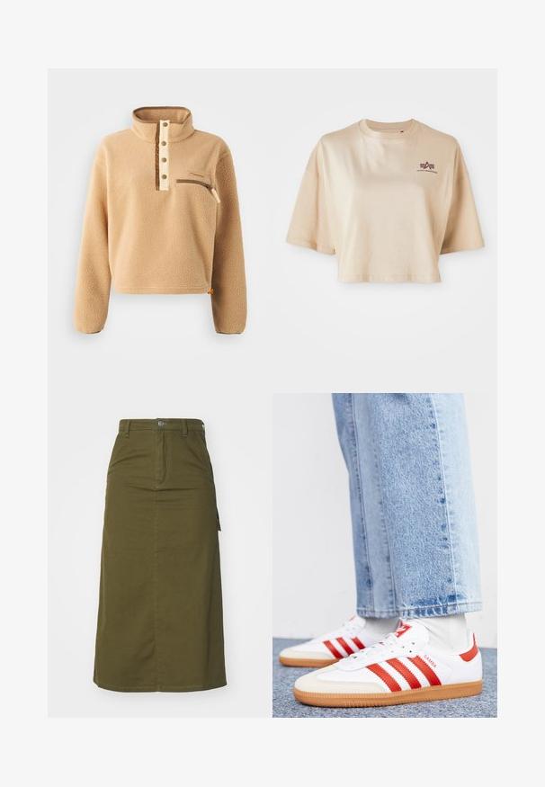 Pulóver de forro polar beige con un alto cuello, tapeta de medio botón y un bolsillo con cremallera en el pecho izquierdo. Tejido texturizado con acentos marrones.; Camiseta recortada de color beige, hecha de algodón, con mangas cortas, un cuello redondo y un gráfico de logo color granate en el lado izquierdo del pecho.; Falda midi de algodón verde oliva con corte recto, cierre de botones, dos bolsillos laterales y una ligera abertura en el dobladillo para facilitar el movimiento.; Zapatillas de cuero blancas con rayas y detalles rojos. Cuentan con una suela de goma texturizada y un collar acolchado. Llevadas con denim azul claro.