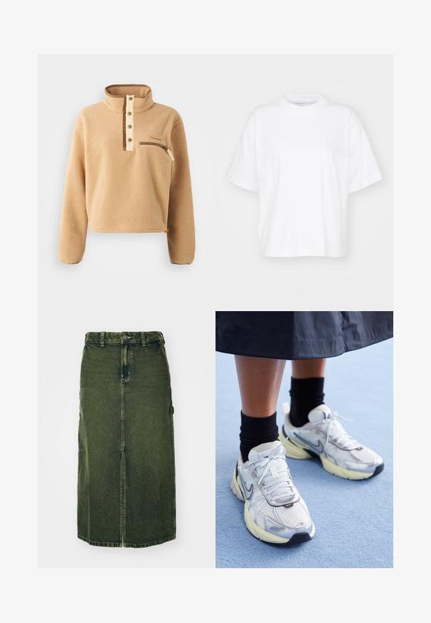 Pulóver de forro polar beige con un alto cuello, tapeta de medio botón y un bolsillo con cremallera en el pecho izquierdo. Tejido texturizado con acentos marrones.; Camiseta de algodón blanca con cuello redondo, mangas cortas y un corte relajado. Presenta un logo sutil en el área del pecho izquierdo. Textura suave.; Falda de mezclilla verde con un corte a media longitud, abertura frontal, cierre de botón y trabillas para cinturón. Su textura es ligeramente deslavada, con bolsillos laterales.; Zapatillas Nike blancas y plateadas con tejido de malla, detalles reflectantes y una suela beige. Llevadas con calcetines negros, de pie sobre una superficie azul.