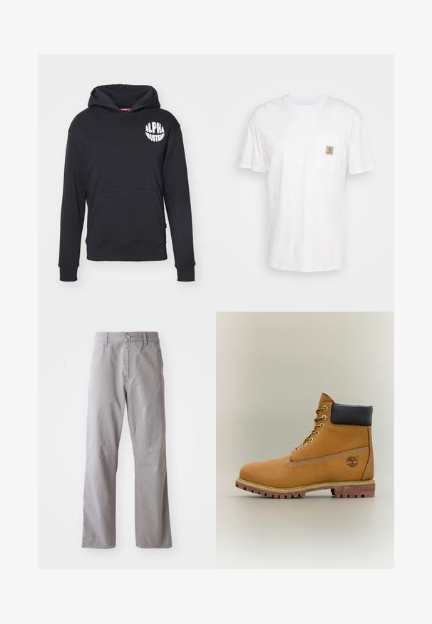 Hoodie noir en tissu mélangé de coton. Dispose d'une poche kangourou frontale, d'un logo blanc sur la poitrine gauche et de poignets et d'un ourlet côtelés.; T-shirt en coton blanc à manches courtes, avec une poche poitrine et un petit patch logo carré en orange et blanc sur la poche.; Pantalon en coton gris à coupe droite, avec une fermeture à bouton sur le devant et des passants de ceinture. Texture lisse et détails minimalistes.; Bottine en cuir marron avec col noir, lacets jaunes et semelle beige. Présente un logo et des détails de couture blanche. Semelle extérieure à traction robuste.