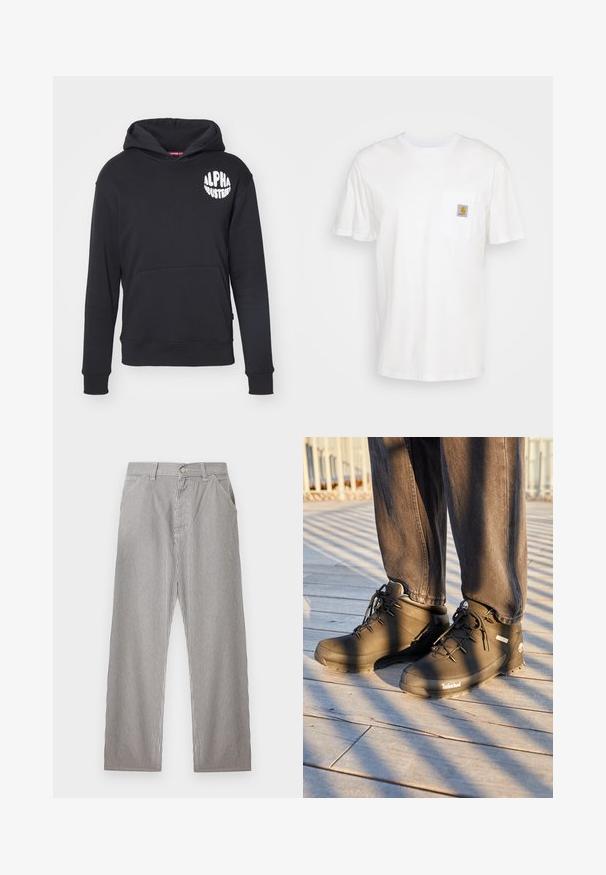 Schwarzer Hoodie aus Baumwollmischgewebe. Mit einer vorderen Kängurutasche, weißem Logo auf der linken Brust und gerippten Bündchen und Saum.; Weißes Baumwoll-T-Shirt mit kurzen Ärmeln, einer Brusttasche und einem kleinen quadratischen Logopatch in Orange und Weiß auf der Tasche.; Herren-Hosen mit vertikalen schwarzen und weißen Nadelstreifen, vorderer Knopfverschluss, Gürtelschlaufen und Seitentaschen.; Schwarze Timberland-Wanderstiefel mit hohem Schaft, strukturierten Oberflächen und runden Schnürsenkeln, vor einem Holzboden-Hintergrund.