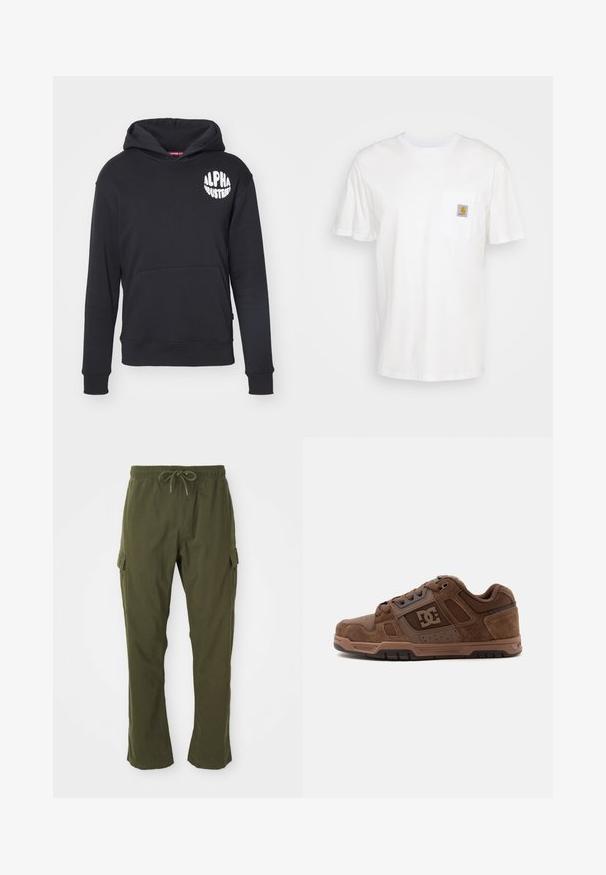 Sort hættebluse lavet af en bomuldsblanding. Har en front-kangaroo lomme, logo i hvidt på venstre bryst og ribbede ærmer og kant.; Hvid bomulds T-shirt med korte ærmer, en brystlomme, og et lille firkantet logo patch i orange og hvid på lommen.; Olivenfarvede cargo bukser med elastisk talje, snor og sidelommer. Stoffet virker blødt med en glat overflade.; Brun lav sko DC skateboard med ruskind og meshpaneler, snørelukning og gummisål på en lys grå baggrund.
