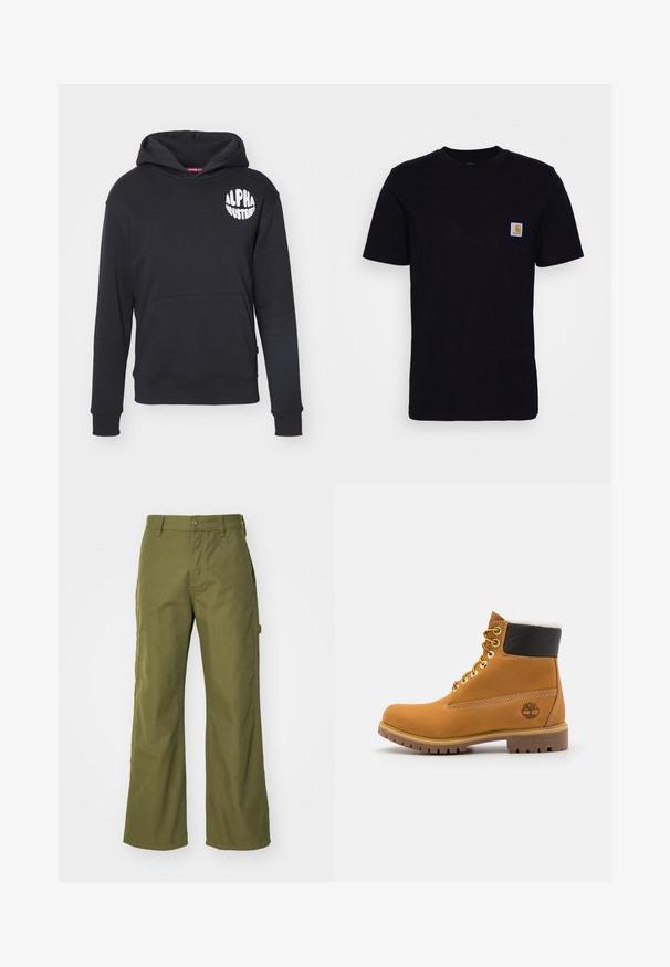 Zwarte hoodie gemaakt van een katoenmix. Beschikt over een voorzak in kangoeroestijl, een wit logo op de linkerborst en ribbelboorden en -zoom.; Zwarte katoenen t-shirt met korte mouwen, ronde hals en een borstzak met een klein, vierkant logo patch. Eenvoudig, stevig ontwerp.; Olijfgroene wijde broek van duurzaam materiaal, met een knoopsluiting, zijzakken en een rechte zoom.; Bruine leren enkellaars met metalen oogjes, witte faux bont voering, zwarte gewatteerde kraag, robuuste zool en een reliëflogo aan de zijkant.