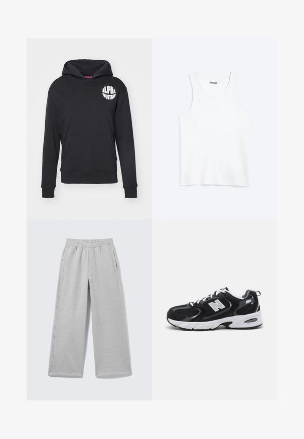 Schwarzer Hoodie aus Baumwollmischgewebe. Mit einer vorderen Kängurutasche, weißem Logo auf der linken Brust und gerippten Bündchen und Saum.; Weißes ärmelloses Tanktop mit rundem Ausschnitt und Weekday-Markenetikett auf der Innenseite des hinteren Kragens, flach auf hellem Hintergrund dargestellt.; Hellgraue Sweatpants mit weitem Bein, elastischem Bund und Seitentaschen, auf einem einfarbigen Hintergrund gezeigt.; Schwarze und graue Sportschuhe mit Obermaterial aus Mesh und Wildleder, ausgestattet mit einer weißen Zwischensohle, Schnürsenkeln und einem markanten "N"-Logo an der Seite.