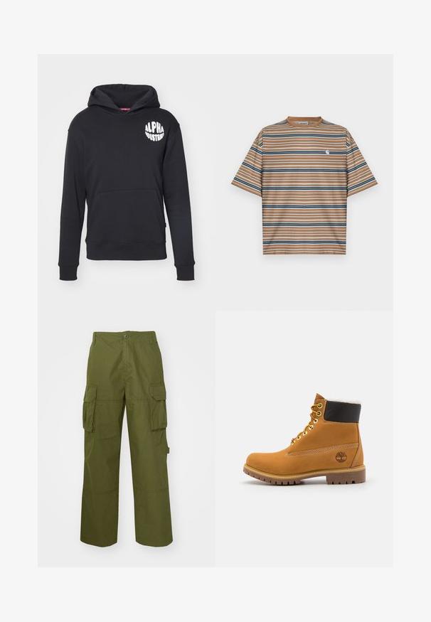 Zwarte hoodie gemaakt van een katoenmix. Beschikt over een voorzak in kangoeroestijl, een wit logo op de linkerborst en ribbelboorden en -zoom.; Bruine gestreepte T-shirt met korte mouwen, voorzien van horizontale strepen in blauw, wit en marineblauw. Heeft een klein wit logo op de borst.; Olijfgroene cargo broek van duurzaam materiaal, met twee zijzakken, een relaxte pasvorm en een knoopsluiting bij de taille.; Bruine leren enkellaars met metalen oogjes, witte faux bont voering, zwarte gewatteerde kraag, robuuste zool en een reliëflogo aan de zijkant.