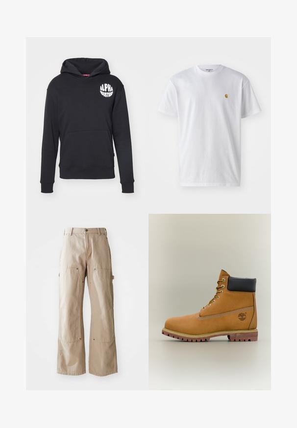 Schwarzer Hoodie aus Baumwollmischgewebe. Mit einer vorderen Kängurutasche, weißem Logo auf der linken Brust und gerippten Bündchen und Saum.; Weißes Baumwoll-T-Shirt mit kurzen Ärmeln, Rundhalsausschnitt, mit einem kleinen goldenen Logo im linken Brustbereich. Weicher Stoff und normale Passform.; Beige weite Hosen aus robustem Baumwollstoff. Verfügt über Front- und Seiten pockets, sichtbare Nähte und Metallakzente an den Taschen.; Brauner Leder-Stiefelette mit schwarzem Kragen, gelben Schnürsenkeln und hellbrauner Sohle. Verfügt über ein Logo und weiße Ziernähe. Robuste Profilsohle.
