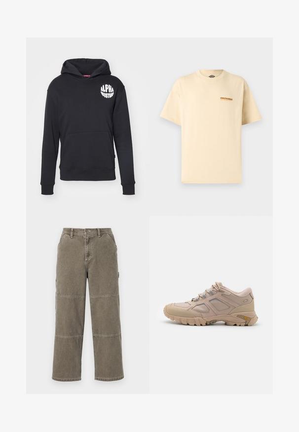 Sort hættebluse lavet af en bomuldsblanding. Har en front-kangaroo lomme, logo i hvidt på venstre bryst og ribbede ærmer og kant.; Beige Dickies t-shirt med korte ærmer, lille orange og sort logo på venstre bryst, rund halsudskæring, enkel design.; Bomulds cargobukser i dæmpet olivengrøn med brede ben, dobbelt-syede detaljer og sidelommer, med knaplukning og bæltestropper.; Beige sportsko med en tekstureret mesh-overdel, syntetisk overlay og en Vibram-sål. Har snøresystem og detaljer på sidepanelet.