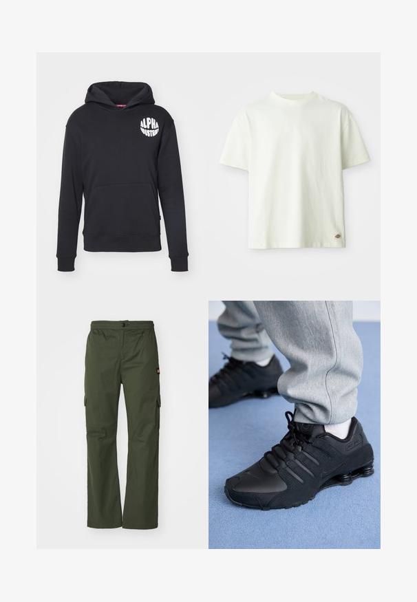 Schwarzer Hoodie aus Baumwollmischgewebe. Mit einer vorderen Kängurutasche, weißem Logo auf der linken Brust und gerippten Bündchen und Saum.; Weißes Baumwoll-T-Shirt mit Rundhalsausschnitt, kurzen Ärmeln und lässiger Passform. Verfügt über ein kleines Logotag an der unteren Seite. Glatte Textur.; Olivgrüne Cargo-Hosen mit Knopfverschluss, elastischem Bund und Seitentaschen, aus leichtem Stoff mit glatter Textur.; Person in schwarzen Nike Shox Sneakers und grauen Jogginghosen, der auf einem hellblauen Teppich steht.