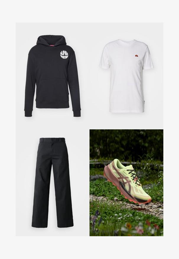 Zwarte hoodie gemaakt van een katoenmix. Beschikt over een voorzak in kangoeroestijl, een wit logo op de linkerborst en ribbelboorden en -zoom.; Witte katoenen t-shirt met korte mouwen en een ronde hals. Bevat een klein kleurrijk logo op de linkerkant van de borst. Zachte textuur.; Zwarte wijde broek van katoen. Voorzien van een knoopsluiting, riemlussen en zijzakken. Gladde textuur met een op maat gemaakte snit.; Gele en bruine trailloopschoen met zwarte veters zweeft boven een grindpad omgeven door groen gras en bloemen.