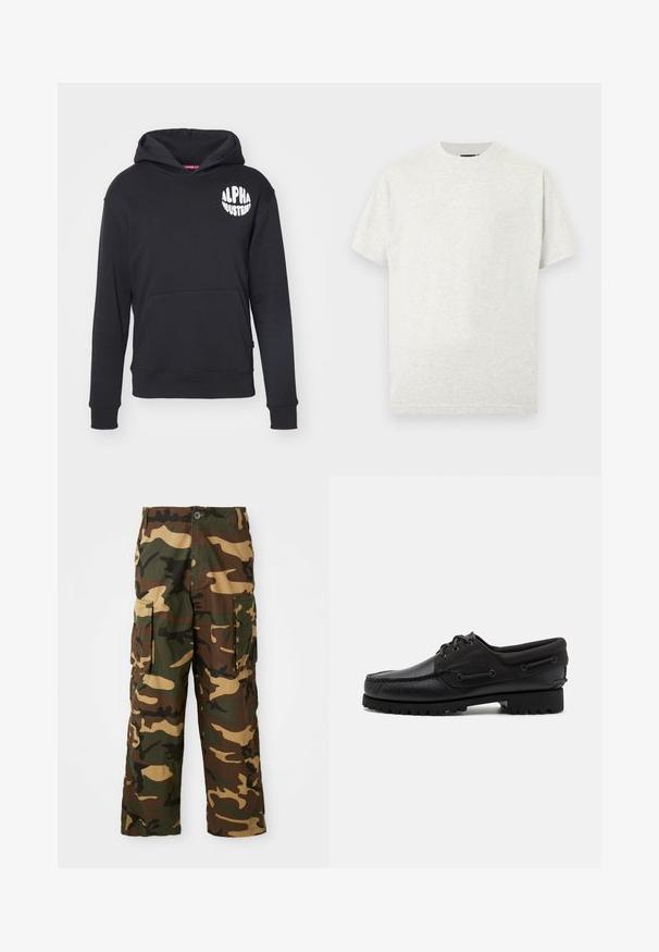 Schwarzer Hoodie aus Baumwollmischgewebe. Mit einer vorderen Kängurutasche, weißem Logo auf der linken Brust und gerippten Bündchen und Saum.; Hellgraues Baumwoll-T-Shirt mit Rundhalsausschnitt, kurzen Ärmeln und glatter Textur. Einfaches Design ohne sichtbare Muster oder Akzente.; Tarncargo-Hosen in Grün, Braun und Beige. Mit zwei großen Seitentaschen und einem Knopfverschluss. Aus strukturiertem Stoff gefertigt.; Schwarzer Schuh mit einem Obermaterial aus Leder, textilen Akzenten, runden Schnürsenkeln und einer strukturierten Gummisohle. Verfügt über Mokassin-Nähte und eine Markeninschrift.