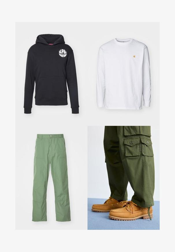 Sort hættebluse lavet af en bomuldsblanding. Har en front-kangaroo lomme, logo i hvidt på venstre bryst og ribbede ærmer og kant.; Hvid langærmet t-shirt lavet af bomuld. Har et lille gyldent logo på brystet og en rund halsudskæring. Enkel design og standard pasform.; Lysgrønne, afslappede bukser med en glat tekstur, der har sidelommer og synlige syninger. Hel længde med et lige ben-design.; Timberland AUTHENTIC 3 EYE - Sejlersko - wheat