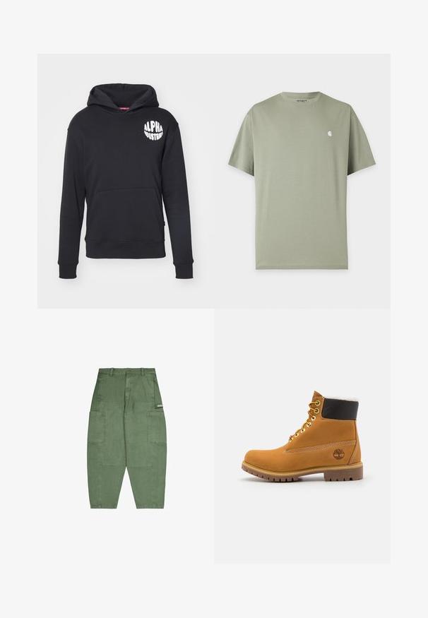 Sudadera negra hecha de una mezcla de algodón. Cuenta con un bolsillo canguro en la parte frontal, un logo blanco en el lado izquierdo del pecho, y puños y dobladillo de canalé.; Camiseta sencilla de color verde claro con mangas cortas, pequeño logo blanco de Carhartt en el pecho izquierdo y cuello redondo.; Pantalones cargo verdes de algodón, con múltiples bolsillos grandes, un ajuste holgado y cierre de botón en la cintura. Textura suave y acabado mate.; Botín de cuero marrón con ojales de metal, forro de piel sintética blanca, cuello acolchado negro, suela resistente y logotipo en relieve en el costado.