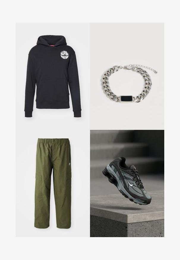 Sort hættebluse lavet af en bomuldsblanding. Har en front-kangaroo lomme, logo i hvidt på venstre bryst og ribbede ærmer og kant.; Nike cargo bukser i mørke olivengrønne, med elastisk talje, to sidelommer og et glat, let stof.; Grå og sort atletiksko med meshpaneler og tyk sål, placeret i luften over en betonliste med trapper i baggrunden.; Sølvkæde armbånd med en sort rektangulær plade og justerbar lås på en lys baggrund.