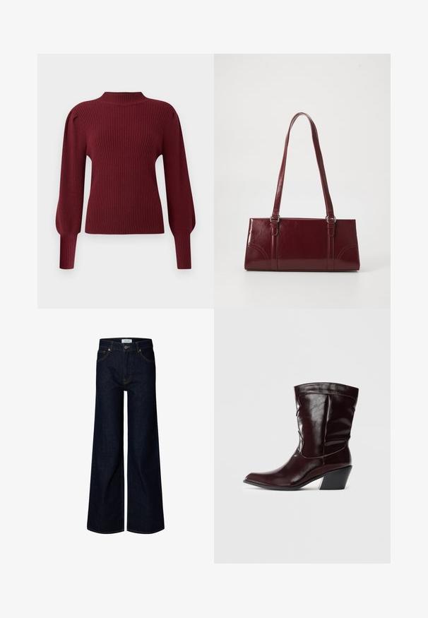 Bordeaux ribbet striktrøje med høj hals, lange pufærmer og tætsiddende manchetter. Har en blød tekstur og et struktureret design.; Mørkeblå bredbenede denimjeans med frontknap og lynlås, bæltestropper og frontlommer, vist på en hvid baggrund.; Bordeaux læder ankelstøvler med spids tå, tekstureret overflade og en lav, taperet hæl. Har diskrete søm og en tætsiddende pasform.; Bordeaux håndtaske lavet af glansfuldt materiale, rektangulær form, med to skulderremme og subtile buede detaljer på forsiden.