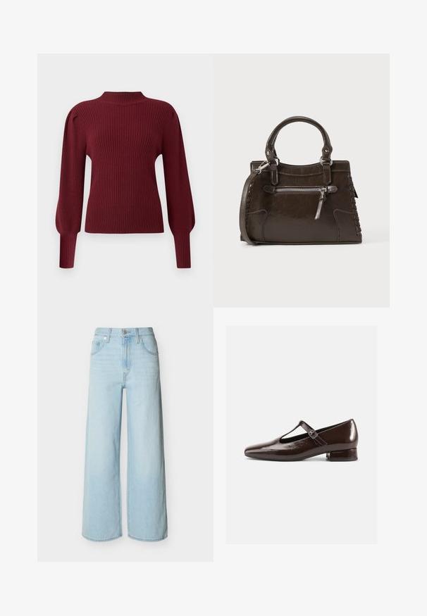 Bordeaux ribbet striktrøje med høj hals, lange pufærmer og tætsiddende manchetter. Har en blød tekstur og et struktureret design.; Lyseblå vidbenede jeans med forreste knap- og lynlås-lukning, bæltestropper og klassisk design med fem lommer.; Brune Mary Jane-sko i laklæder med en rundet tå, udskæringsdesign og justerbar rem. Lav blokhæl.; Brun læderhåndtaske med top-håndtag, lynlåslomme foran og vævede detaljer på siderne. Glat tekstur og struktureret form.