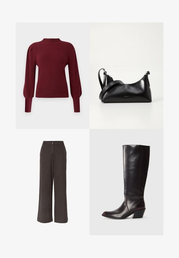 Pull en maille côtelée bordeaux avec un col montant, de longues manches bouffantes et des poignets ajustés. Caractérisé par une texture douce et un design structuré.; Pantalon large taille haute gris foncé avec fermeture à bouton et zip à l'avant, fabriqué en tissu texturé.; Botte en cuir brun foncé, à hauteur de genou, avec un bout pointu, un talon bloc angulaire et une texture lisse et brillante. Présente un design épuré et des détails de couture.; Sac à main en cuir noir avec une texture lisse. Dispose d'une bandoulière adjustable et d'un design élégant et minimaliste avec une fermeture éclair.