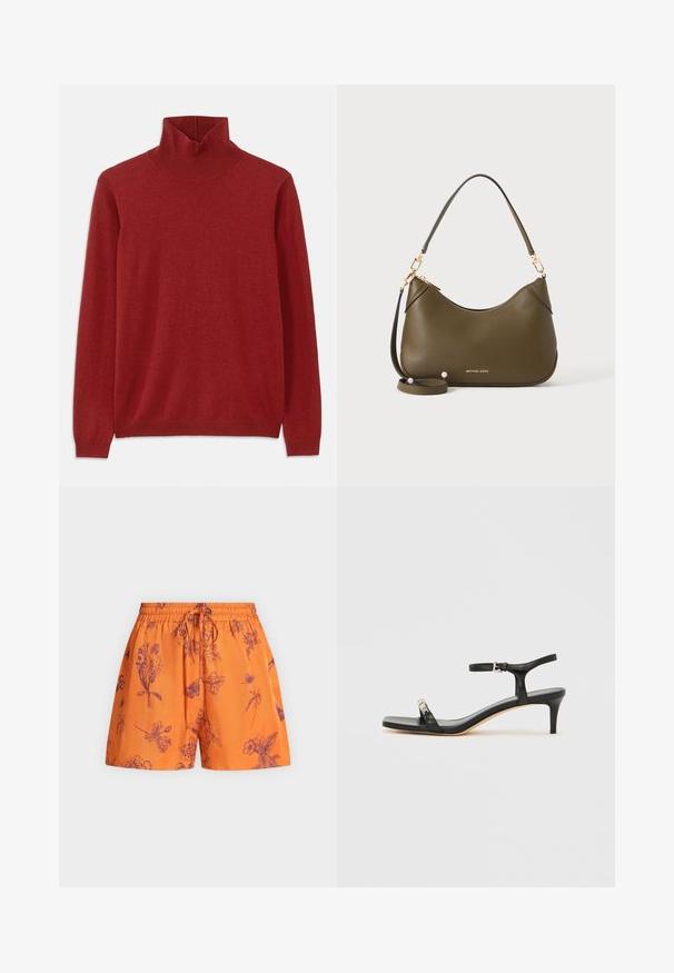 Pull col roulé rouge en tissu doux, doté d'un col côtelé et de manches longues, avec une texture lisse et sans motifs visibles.; Short orange à taille élastique avec un cordon et un imprimé floral et botanique en art linéaire violet foncé.; Sandale noire en cuir à talon avec bride à la cheville, bout ouvert, devant carré et accent en métal argenté. Design ajusté avec un profil élégant.; Sac à main en cuir vert olive avec bandoulières courtes et longues, éléments dorés et logo Michael Kors en doré près de la base sur un fond uni.