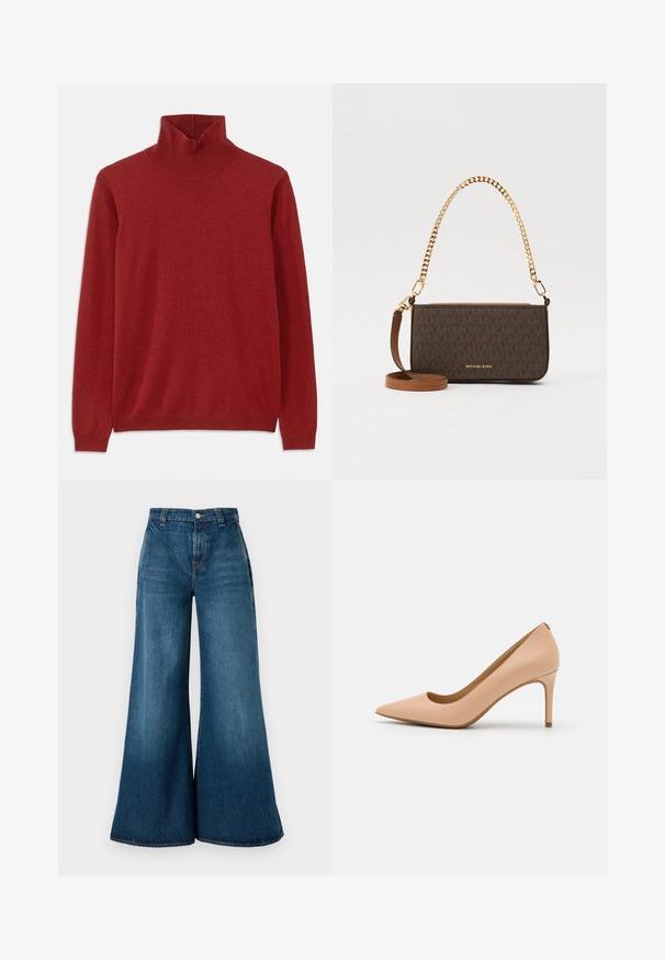 Pull col roulé rouge en tissu doux, doté d'un col côtelé et de manches longues, avec une texture lisse et sans motifs visibles.; Jean en denim taille haute, large, de couleur bleu foncé, avec une fermeture à bouton à l'avant et un design classique à cinq poches. Texture lisse.; Escarpin nude en cuir à talons hauts, à bout pointu, avec une texture lisse et un talon fin. Design minimaliste avec un décolleté bas.; Sac bandoulière à motif marron en matériau synthétique, avec une bandoulière en chaîne dorée et une bandoulière en cuir amovible.