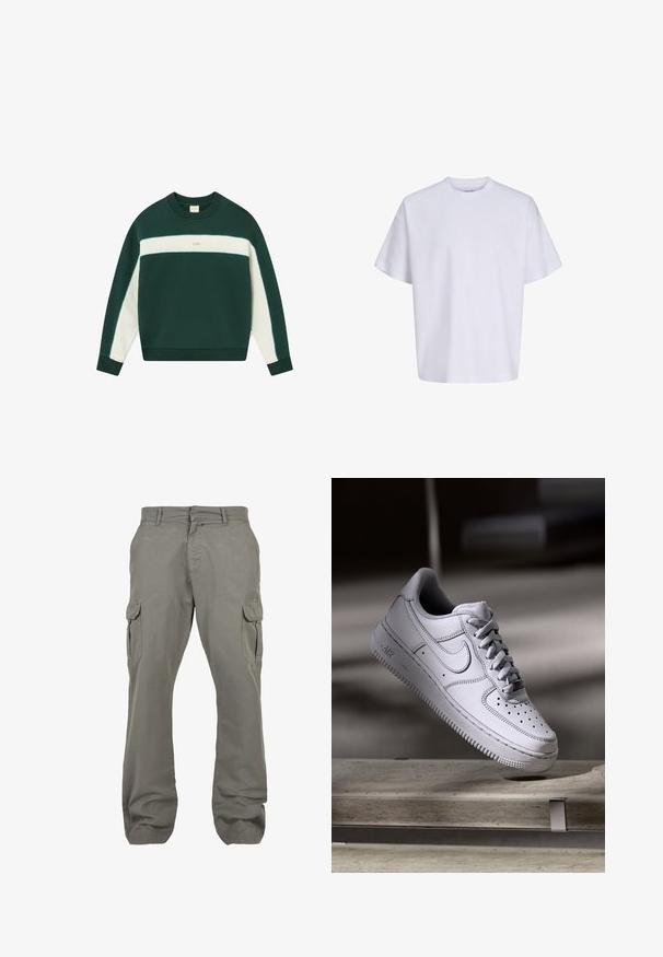 Sweatshirt vert et crème avec un col rond, des rayures contrastées, des poignets côtelés et un petit logo sur la poitrine. Matière en coton doux.; T-shirt blanc uni oversize à manches courtes, col rond et coupe ample sur fond blanc.; Pantalon cargo gris clair en coton, avec deux poches latérales, deux poches cargo, une coupe droite et une braguette zippée.; La basket Nike Air Force 1 en cuir blanc présente un embout perforé, des lacets plats et une semelle en caoutchouc texturée avec le logo « AIR » sur le côté.