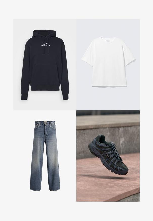 Sudadera negra de mezcla de algodón con un bolsillo frontal, capucha ajustable con cordón y logo blanco "AIRMI" en el pecho. Corte estándar.; Camiseta blanca de gran tamaño con mangas cortas, cuello redondo y hombros caídos, plana sobre fondo gris claro.; Vaqueros de mezclilla de pernera ancha en un azul claro. Presentan una cintura alta, cierre de botón y un ligero desgastado, con una textura suave y costuras cosidas.; Zapatilla de running Nike de color gris oscuro con diseño de malla y sintético, flotando sobre una superficie de hormigón rosada con un fondo de piedra gris.
