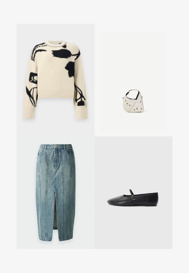 Pull en tricot beige avec des motifs floraux abstraits noirs sur le devant, les manches et les épaules, doté de poignets et d'un ourlet côtelés.; Copenhagen Muse JEANNE SKIRT - Jupe en jean - medium dirty washed denim; Ballerines noires en cuir avec un bout pointu, une semelle plate et une petite sangle avec un détail de boucle en argent.; Petit sac à main blanc avec des taches marron, forme triangulaire arrondie, doublure intérieure noire et bandoulière courte réglable avec boucle argentée.