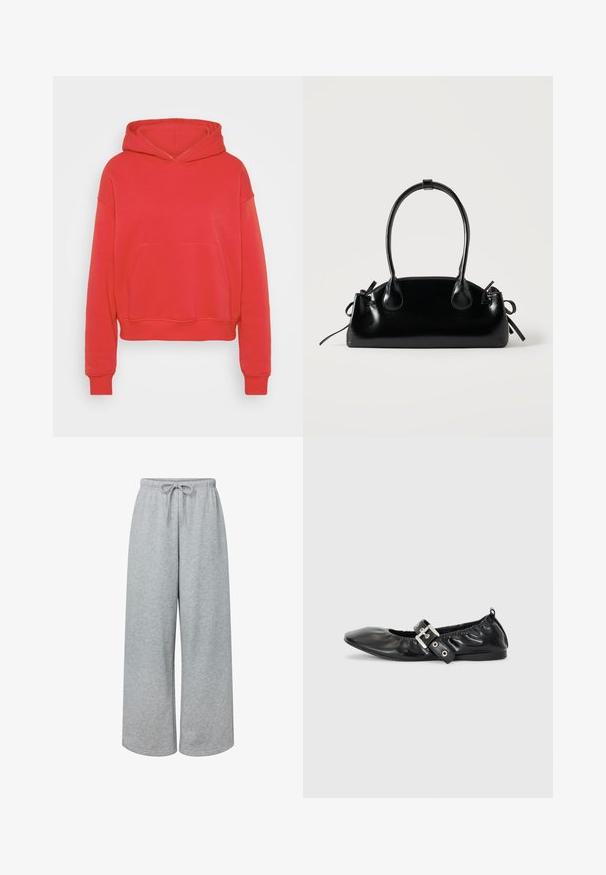 Rød cropped hoodie lavet af en blanding af bomuldsstof. Har en frontlomme og hætte med snoretræk. Ribbet manchetter og kant. Glat tekstur.; Lysegrå sweatpants med vide ben, elastisk talje og snøre foran, lavet af blødt stof egnet til afslappet brug.; Sorte læder flade sko med spids tå, samling detaljer omkring åbningen, og en sølv spænde accent på den justerbare rem.; Lille sort blank håndtaske med to lange håndtag og snøre-detaljer i siden på en ensfarvet lys baggrund.