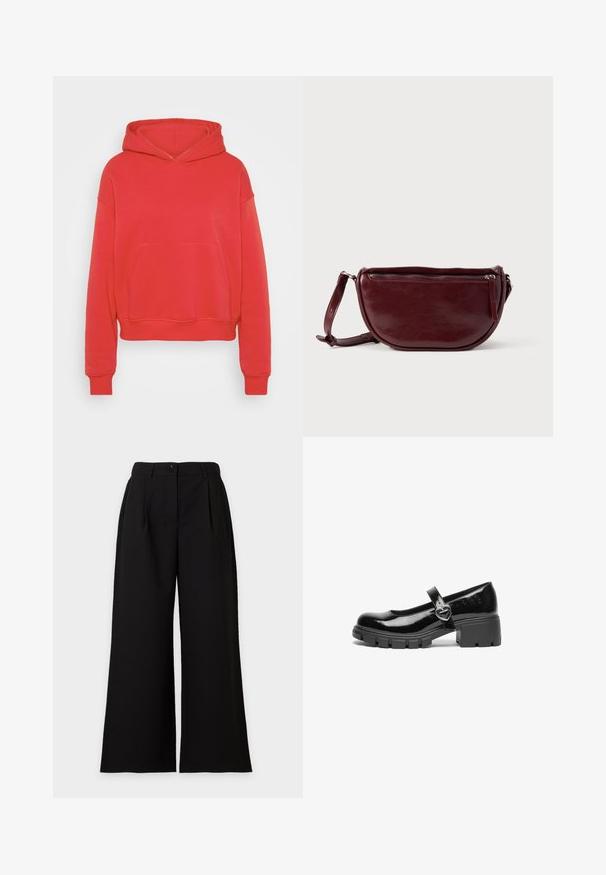 Rød cropped hoodie lavet af en blanding af bomuldsstof. Har en frontlomme og hætte med snoretræk. Ribbet manchetter og kant. Glat tekstur.; Sorte højtaljede, vide bukser med knap- og lynlås foran, sidelommer og diskrete plisseringer i taljen.; Sort patentlæder Mary Jane sko med en kraftig hæl, rund tå og en rem med detajler i form af en hjerteformet spænde.; Vinrød læderhåndtaske med halvmåneform, lynlås og aftagelig rem. Glat tekstur med en subtil glans.