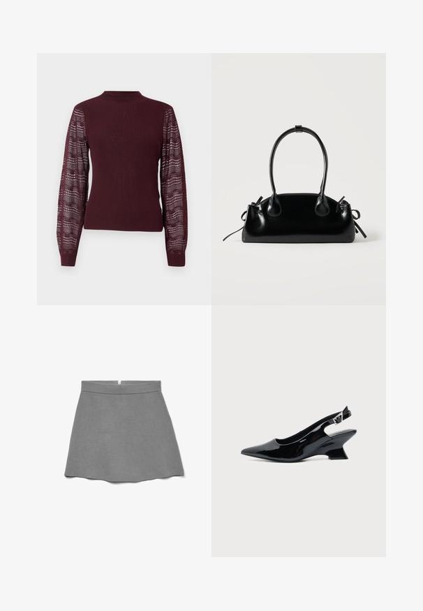 Suéter burdeos con cuerpo acanalado y mangas de punto transparente y con patrón; presenta un cuello alto y puños ajustados.; Falda gris hecha de tela suave, con cintura alta, forma acampanada y una cremallera oculta en la parte trasera.; Zapato slingback de cuero charol negro con puntera puntiaguda y tacón bajo en bloque inclinado sobre fondo claro liso.; Pequeño bolso negro brillante con dos asas largas y detalles de cordón lateral sobre un fondo claro liso.