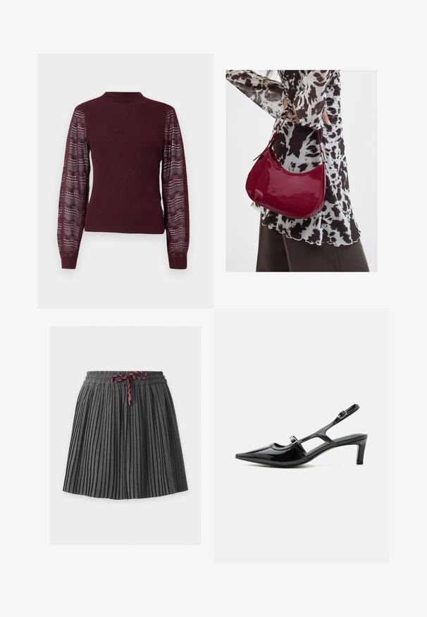 Suéter burdeos con cuerpo acanalado y mangas de punto transparente y con patrón; presenta un cuello alto y puños ajustados.; Falda plisada gris oscuro con cintura elástica y cordón granate atado en el centro delantero.; Zapato slingback de charol negro con punta puntiaguda, tacón bajo y dos correas ajustables con hebillas, mostrado de perfil lateral.; Mujer con blusa de estampado en blanco y negro sosteniendo un bolso de hombro rojo brillante sobre un fondo liso.