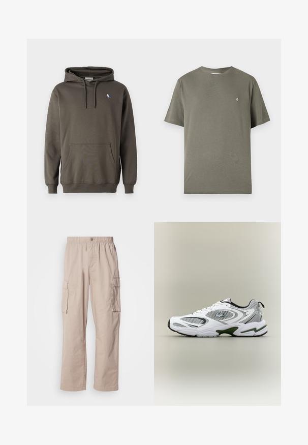 Sweatshirt à capuche vert olive en coton doux. Doté d'une poche avant et d'une petite broderie d'oiseau sur la poitrine gauche.; T-shirt en coton vert olive avec un col rond, des manches courtes et un petit logo blanc sur la poitrine. Design simple et épuré.; Pantalons cargo beiges avec une coupe décontractée, taille élastique, fermeture par bouton et poches latérales. Fabriqués en tissu léger avec une texture lisse.; Baskets de course blanches et grises avec des panneaux en mesh, accents verts, détails noirs et un logo sur le côté, présentées par l'extérieur.