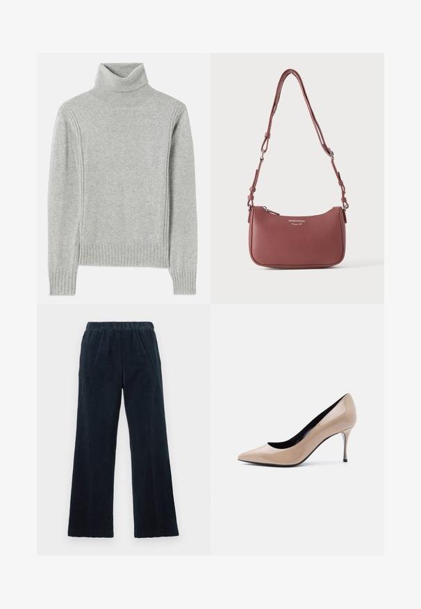 Lys grå turtleneck sweater lavet af blødt stof. Har ribbede manchetter og kanten, samt et diskret logo nederst til højre.; Marineblå kordfløjl bukser med en vid ben design, elastisk talje og lodret ribbet struktur. Har sidelommer og en lige kant.; Beige laklæder peep-toe højhælet sko med smal stilet-hæl og sort inderfor på hvid baggrund.; Lille tekstureret violet læderskuldertaske med justerbar rem og sølvlynlås, med Emporio Armani Milano 1981-logo på fronten.