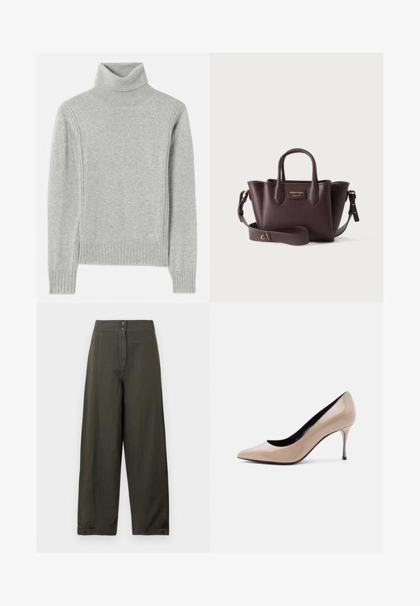 Lys grå turtleneck sweater lavet af blødt stof. Har ribbede manchetter og kanten, samt et diskret logo nederst til højre.; Breddebenede bukser i mørke olivengrøn bomuld med lynlås foran, to knapper i taljen og opkrøllede nederste kanter med knapdetalje.; Beige laklæder peep-toe højhælet sko med smal stilet-hæl og sort inderfor på hvid baggrund.; Mørkebrun læderhåndtaske med dobbelte håndtag, justerbar skulderrem og guldfarvet logo-plade foran i midten.
