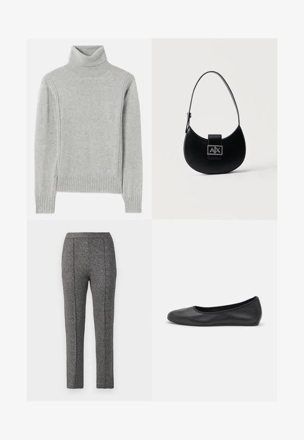 Lys grå turtleneck sweater lavet af blødt stof. Har ribbede manchetter og kanten, samt et diskret logo nederst til højre.; Grå tweedbukser med en struktureret overflade, der har en lige pasform, sidelommer og syninger langs de forreste sømme.; Sort læderballetsko med rund tå, glat tekstur, minimal syning og et fleksibelt såldesign.; Sort halvmåneformet taske med en enkelt justerbar rem og en sølvfarvet A|X-logo-lås på frontklappen.