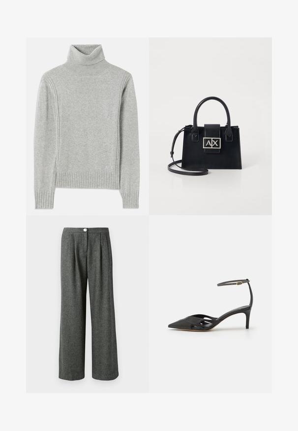 Lys grå turtleneck sweater lavet af blødt stof. Har ribbede manchetter og kanten, samt et diskret logo nederst til højre.; Grå, vide benbukser i et struktureret hørmønster med frontfolder og en knaplukning i taljen.; Sort læder højhælet sko med spids tå, åbne sider og en tynd ankelrem med en lille guld detalje.; Sort læder håndtaske med en struktureret design, top håndtag og en aftagelig skulderrem. Har en logo-plade i sølvfarve og en glat overflade.