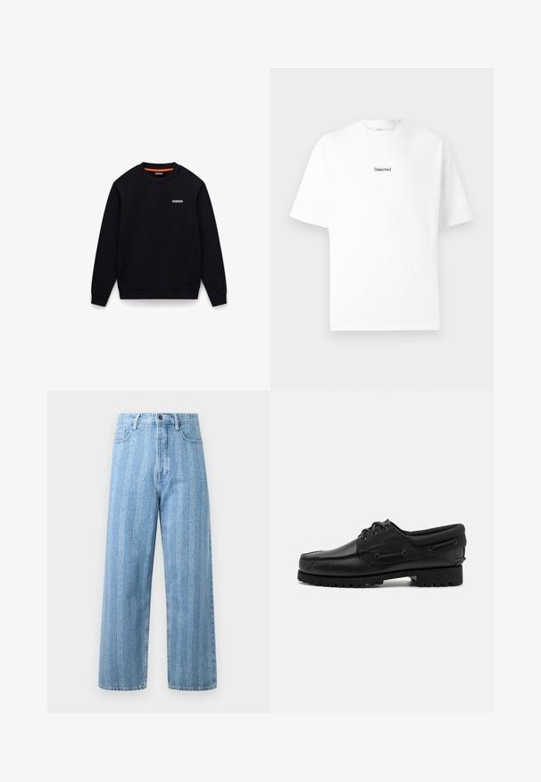 Zwart sweatshirt met ronde hals, lange mouwen en een klein wit logo op de linkerborst tegen een witte achtergrond.; Witte katoenen T-shirt met korte mouwen en een ronde hals, voorzien van een klein zwart geborduurd logo "Selected" op de borst.; Lichtblauwe denim jeans met een wijd uitlopende pasvorm, voorzien van een herhalend kettingpatroon. Klassieke vijf-pocketstijl en metalen knoopdetail.; Zwarte schoen met een leren bovenzijde, textiele accenten, ronde veters en een getextureerde rubberen zool. Voorzien van mocassin-stiksel en merkdetails.