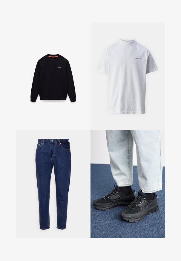 Sort sweatshirt med rund hals, lange ærmer og et lille hvidt logo på venstre bryst mod hvid baggrund.; Hvid bomulds t-shirt med høj halsudskæring og korte ærmer. Har "SAMSØE SAMSØE" logo i sort på forsiden. Glat tekstur.; Mørkeblå straight-leg cowboybukser med forreste knap- og lynlås-lukning, bæltestropper samt for- og baglommer.; Sorte træningssko med tekstureret stof og gummisåler, udstyret med elastiske snørebånd og en blå detalje på hælen. Bæres med lyse denimbukser.