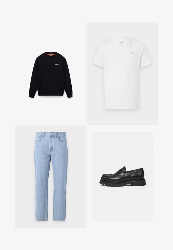 Schwarzes Sweatshirt mit Rundhalsausschnitt, langen Ärmeln und kleinem weißen Logo auf der linken Brust vor weißem Hintergrund.; Weißes Baumwoll-T-Shirt mit V-Ausschnitt, kurzen Ärmeln und einem kleinen gestickten Logo auf der oberen linken Brust. Glatte Textur.; Helle blaue Denim-Jeans mit geradem Schnitt, fünf Taschen und einem Knopfverschluss. Weiche Textur mit klassischem, ausgebleichtem Finish.; Schwarzer Lederloafer mit dicker, profilierter Sohle und Pennyriemen-Detail, von der rechten Seitenansicht auf weißem Hintergrund gezeigt.