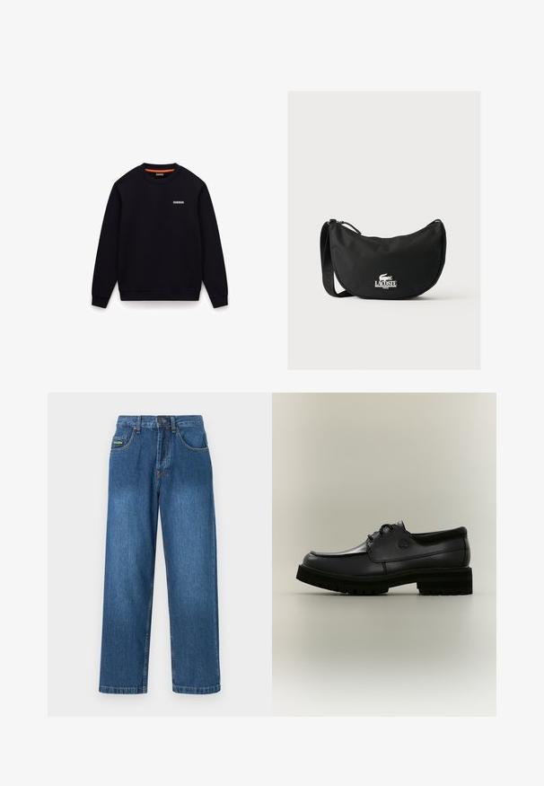 Sort sweatshirt med rund hals, lange ærmer og et lille hvidt logo på venstre bryst mod hvid baggrund.; Denim jeans i en mellemblå vask med lige ben, fem lommer og gule stikninger.; Sort læder snøresko med tyk mønstret sål og præget logo på siden, vist på simpel lys grå baggrund.; Sort Lacoste skuldertaske med buet form, justerbar rem og hvidt præget krokodillelogo over mærkenavnet foran.