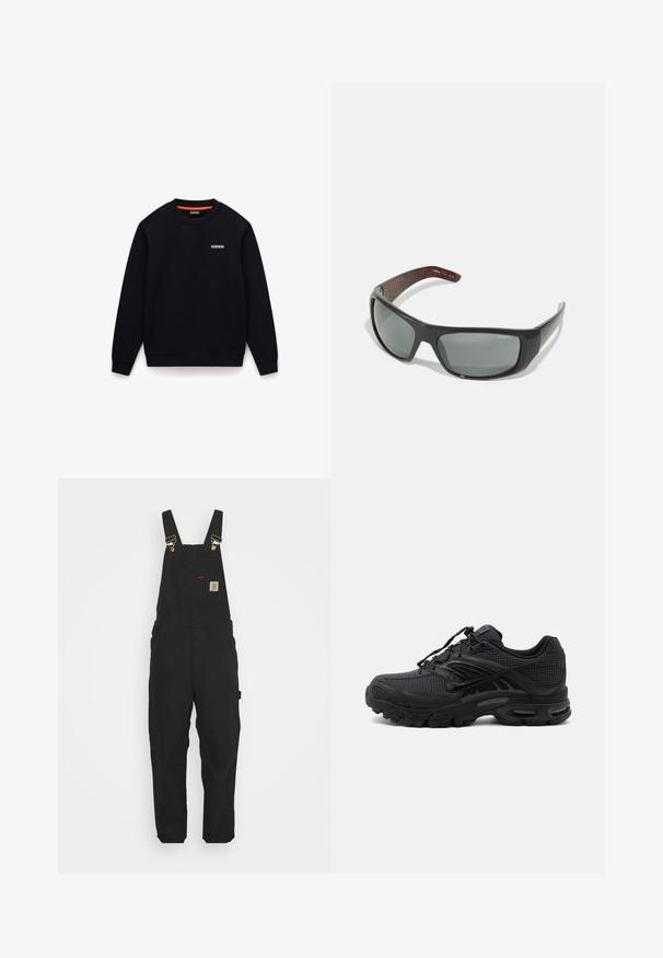 Sort sweatshirt med rund hals, lange ærmer og et lille hvidt logo på venstre bryst mod hvid baggrund.; Sorte bomuldsoveralls med justerbare stropper, en forlommes med logo patch og to sidelommer i en afslappet pasform.; Sort atletisk sneaker med tekstureret stof, tyk polstret sål, luftventiler og snørelukning, vist fra siden på en lys baggrund.; Arnette HOT SHOT - Solbriller - dark grey