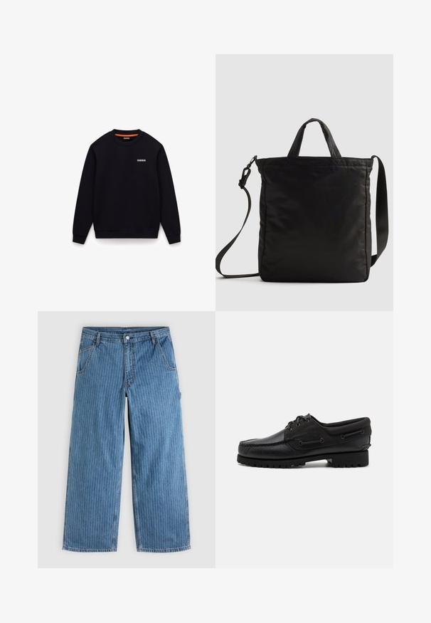 Sort sweatshirt med rund hals, lange ærmer og et lille hvidt logo på venstre bryst mod hvid baggrund.; Blå vidde jeans med tynde hvide lodrette nålestriber, forlommer, bæltestropper og knaplukning i taljen.; Sort sko med overdel i læder, tekstilaccentuer, runde snørebånd og en tekstureret gummisål. Udstyret med mokkasinsyning og branddetalje.; Sort nylon tote taske med korte håndtag og en aftagelig skulderrem, der har et slankt, quiltet design og minimalt hardware.
