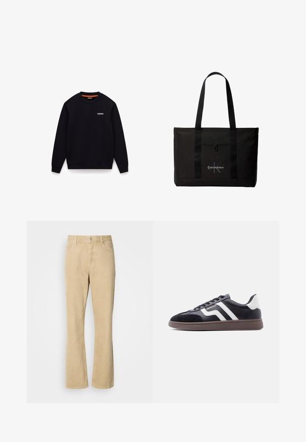 Musta pyöreäkauluksinen collegepaita, jossa pitkät hihat ja pieni valkoinen logo vasemmassa rinnassa, valkoisella taustalla.; Beige corduroy leveet lahkeet, joissa on napitus- ja vetoketjukiinnitys, viisi taskua ja näkyvät saumat lahkeiden varrella. Liukas pinta.; Musta tennarit, joissa mokkanahka- ja synteettimateriaalia, valkoiset vinoraitat ja ruskea kuvioitu pohja. Varustettu nyörityksellä ja pehmustetulla kauluksella.; Musta Calvin Kleinin kangaskassi, jossa kaksi pitkää kahvaa ja etutasku, brändin logo valkoisena ja harmaana.