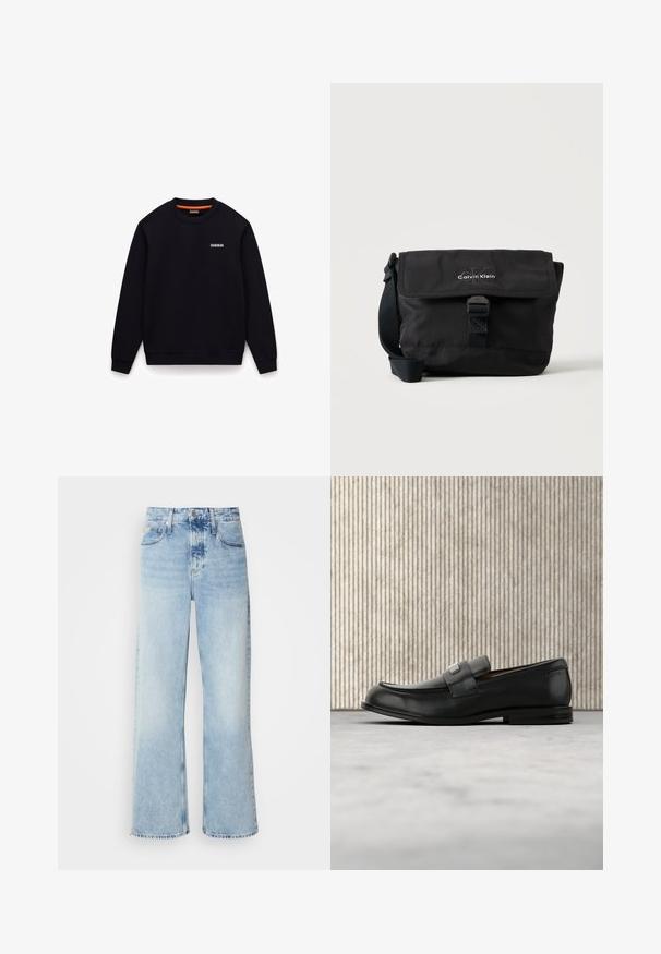 Zwart sweatshirt met ronde hals, lange mouwen en een klein wit logo op de linkerborst tegen een witte achtergrond.; Lichtblauwe wijde jeans met een hoge taille, met een vervaagde afwerking, riemlussen en een klassieke vijf-pocketdesign. De zoom is ruig.; Zwarte leren loafer met een metalen merktekenplaatje, rustend bij een bruine ronde tafel op een beige tapijtvloer.; Zwarte Calvin Klein schoudertas met voorflap, gesp sluiting en verstelbare riem op een witte achtergrond.
