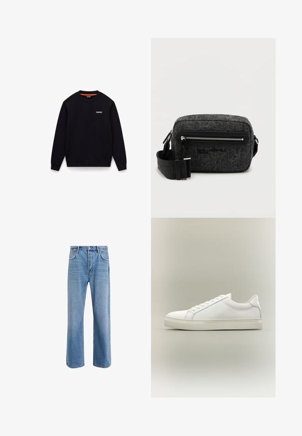 Schwarzes Sweatshirt mit Rundhalsausschnitt, langen Ärmeln und kleinem weißen Logo auf der linken Brust vor weißem Hintergrund.; Helle blaue Jeans im Geradeschnitt-Design, mit fünf Taschen, Knopfverschluss, minimaler Ausbleichung und kontrastierenden Nähdetails.; Weißer Sneaker mit niedrigem Schaft, vorn mit Schnürung und dicker Sohle, aus der Seitenansicht vor neutralem Hintergrund.; Grau gefilzter Umhängetasche mit einer vorderen Reißverschlusstasche, schwarzem Logo und verstellbarem Tragegurt. Sie hat eine strukturierte rechteckige Form und glatte, metallicfarbene Hardware.