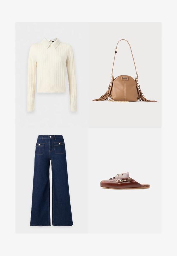 Pull crème côtelé à manches longues avec col pointu texturé orné de perles et ourlet droit.; Jeans en denim bleu foncé à jambes larges, taille haute et deux poches avant à rabat avec boutons.; Mocassin à enfiler en cuir marron avec couture moc toe, œillets dorés et détail de lacet décoratif sur le côté, semelle plate, profil latéral.; Petit sac à bandoulière en cuir fauve avec longue bandoulière, détail chaîne dorée et franges des deux côtés sur un fond neutre.