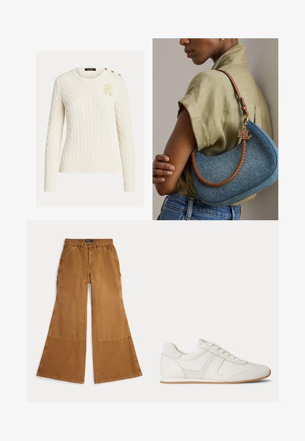 Pull en tricot torsadé crème avec manches longues, col rond, logo doré brodé sur la poitrine et trois boutons dorés à l'épaule.; Pantalon marron à jambes larges en coton avec détails en patch, fermeture à boutons et poches avant inclinées. Texture lisse, design décontracté.; Baskets basses blanches avec laçage à l'avant, panneaux en daim et cuir, et une semelle en caoutchouc marron clair sur fond blanc.; Femme portant une chemise beige et un jean bleu tenant un sac à main en denim bleu avec une lanière marron tressée et un charm doré avec le logo RLL.