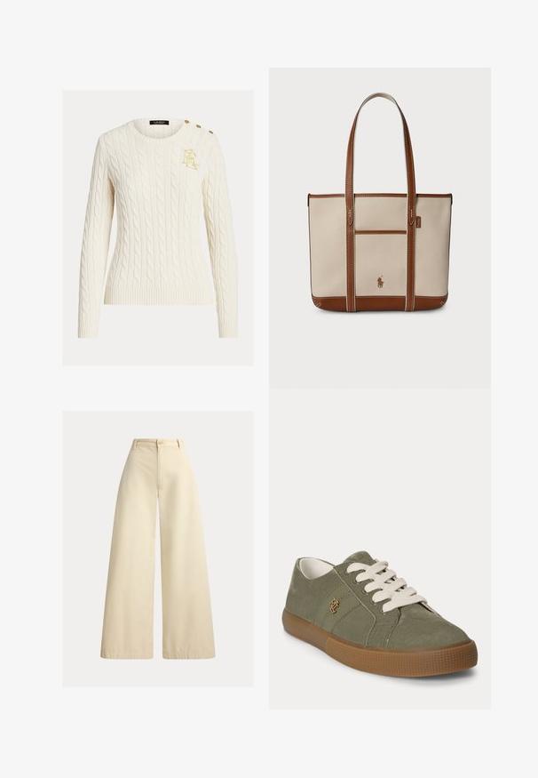 Pull en tricot torsadé crème avec manches longues, col rond, logo doré brodé sur la poitrine et trois boutons dorés à l'épaule.; Pantalon beige à jambes larges en coton, taille haute, fermeture avant par boutons, et coutures nettes le long des bords.; Baskets basses en daim vert avec lacets blancs, semelle en caoutchouc marron et petit logo doré sur le côté, présentées sous un léger angle sur fond blanc.; Sac fourre-tout en toile beige avec accents en cuir marron, doté de deux bretelles, d'une poche avant et d'un petit emblème logo.
