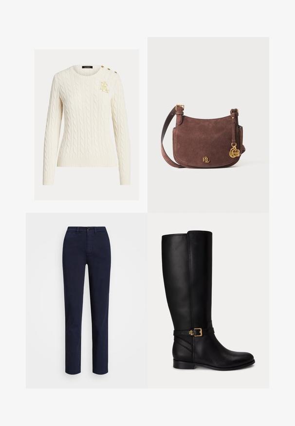 Kreemivärvi soonikudega kudum, ümmargune kaelus, kuldne tikand logoga rinnal ja kolm kuldset nööpi õlal.; Lauren Ralph Lauren SLIM FIT STRETCH CHINO PANT - Chino-püksid - navy; Mustad põlvikuni nahast saapad madala kontsaga, kuldse pandla ja väikese reljeefse logoga külgvööndil.; Pruun seemisnahast kandekott reguleeritava rihmaga, kuldse RLL logoga ja kuldsete ehetemustritega heledal ühtlasel taustal.
