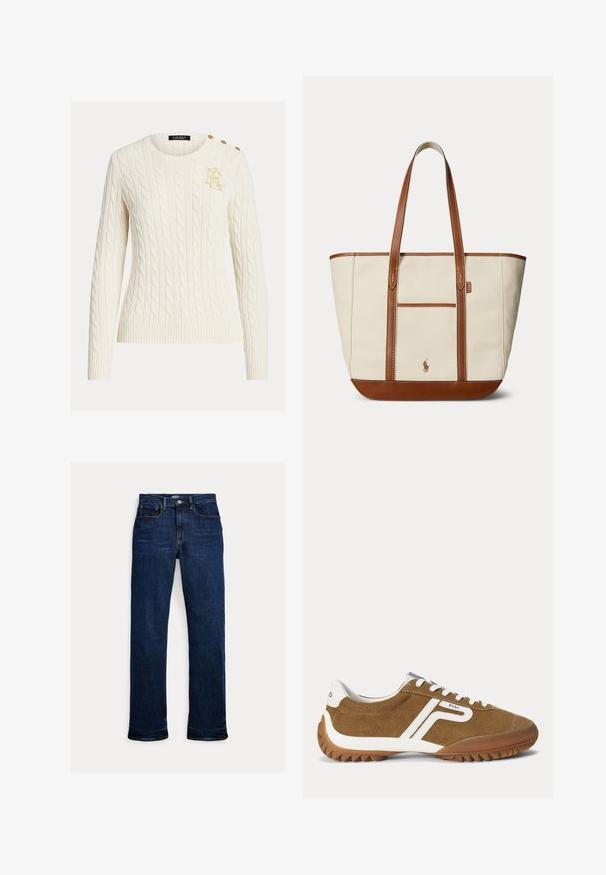 Cremefarvet kabelstrikket sweater med lange ærmer, rund hals, guld broderet logo på brystet og tre guldknapper på skulderen.; Mørkeblå straight-leg jeans med frontknap og lynlås, fem-lomme design og synlige syninger.; Brun ruskindssneaker med hvide accenter, hvide snørebånd og "Polo" branding på siden og hælen, der viser den ydre profil.; Beige lærredstaske med brun læderkant, håndtag og et lille syet logo på forlommen.