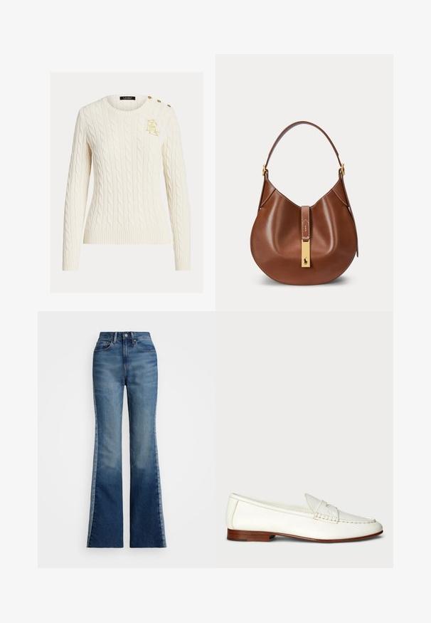 Pull en tricot torsadé crème avec manches longues, col rond, logo doré brodé sur la poitrine et trois boutons dorés à l'épaule.; Polo Ralph Lauren FLARE JEAN - Jean flare - boyne wash; Mocassins blancs en cuir avec une finition texturée, bout arrondi et accent tressé. Talon en bois bas et design minimaliste.; Sac à main en cuir marron avec une forme incurvée, une bandoulière unique et une fermeture rectangulaire dorée avec un petit logo cheval sur le devant.